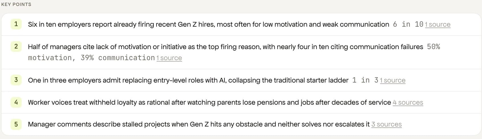 Five key findings from a Hakkan report, each one followed by a link to the sources it came from.